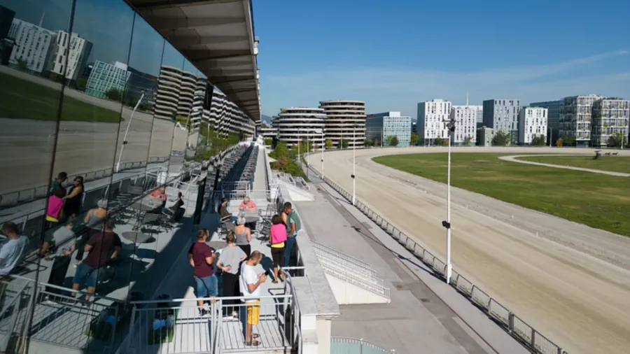 Gruppe beim Kältetraining Wien Workshop auf der sonnigen Terrasse der Trabrennbahn Krieau mit Blick auf die Rennbahn
