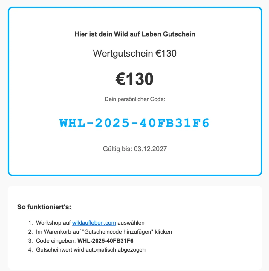 Screenshot eines Wild auf Leben Wertgutscheins über 130 Euro, ideal als Eisbaden Gutschein oder für Kältetraining Wien